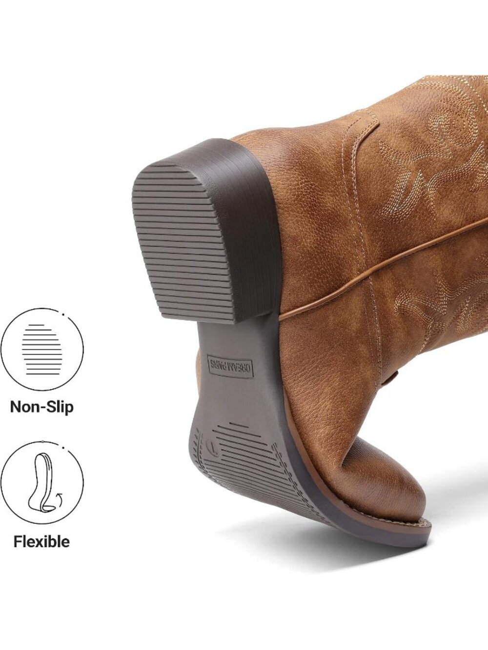 Women's Brown Faux Leather Embroidered Fashion Square Toe Mid Calf Cowgirl Boots - Picture 7 of 7